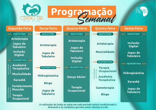 Centro dia para idosos - programação semanal